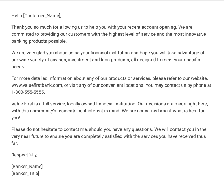 New Accounts Welcome Letter Template