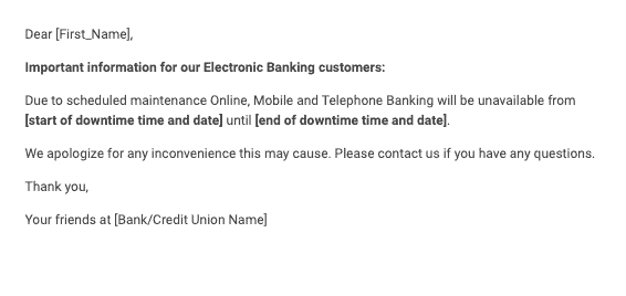 Electronic Banking - System Downtime Letter