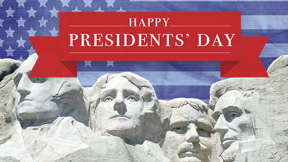 Mount Rushmore with Happy Presidents' Day text in red banner.